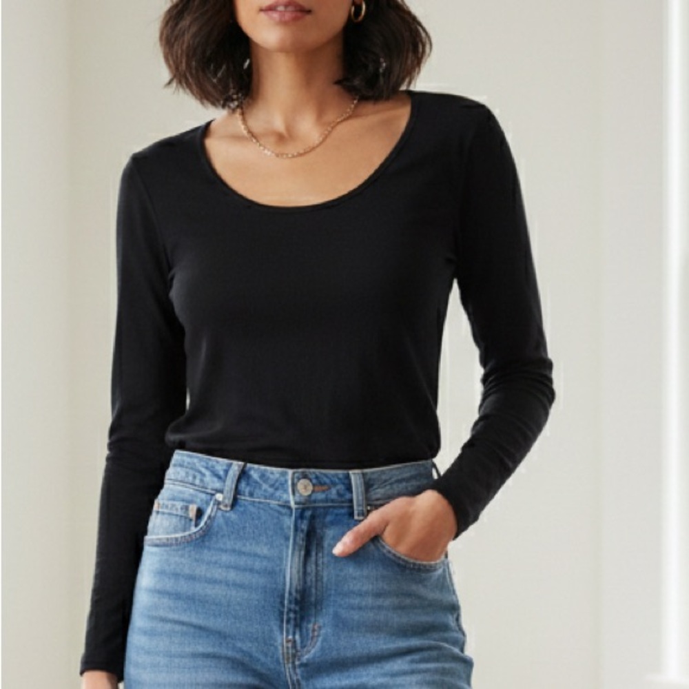 Minimalist MUJI Black Cotton Wool Blend Long Sleeve Scoop Neck Top Size L Large